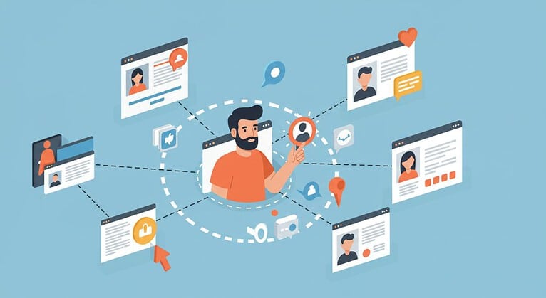 Choosing affiliate programs: Man analyzes profiles & data.